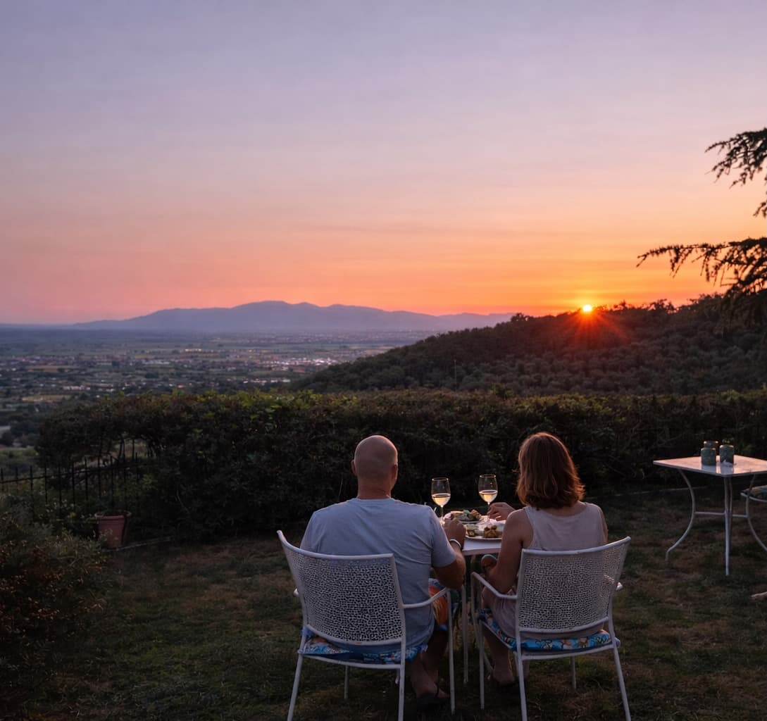 Wine tasting experience at local Tuscan vineyard with glasses of red wine and scenic views