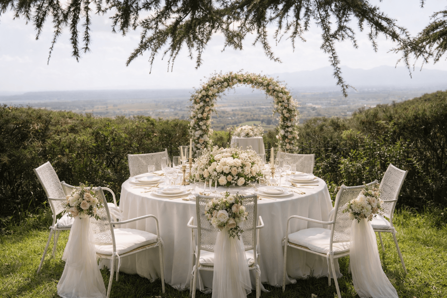 Private wedding celebration setup with elegant table settings under string lights in the Aura Toscana vineyard